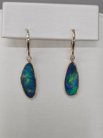14KY Australian Black Doublet Opal and Diamond Earrings